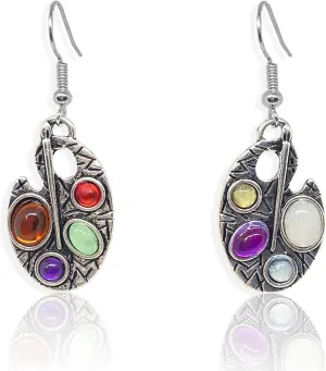 KaFu Vintage Creative Antique Silver Palette Dangle Drop Earrings Asymmetric Colorful Gemstone Geometric Dangle Earrings For Women Girls Artist Painter Jewelry Gifts