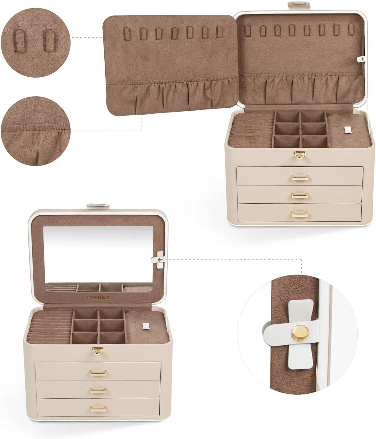 KAMIER Jewelry Organizer Box, 4 Layer Jewelry Organizer with Mirror, 3 Drawers, Large Jewelry Box for Bracelets, Earrings, Rings, Necklaces, Mothers Day Gifts for Loved One, Beige
