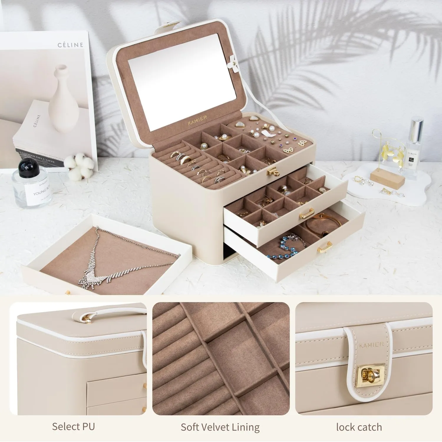 KAMIER Jewelry Organizer Box, 4 Layer Jewelry Organizer with Mirror, 3 Drawers, Large Jewelry Box for Bracelets, Earrings, Rings, Necklaces, Mothers Day Gifts for Loved One, Beige