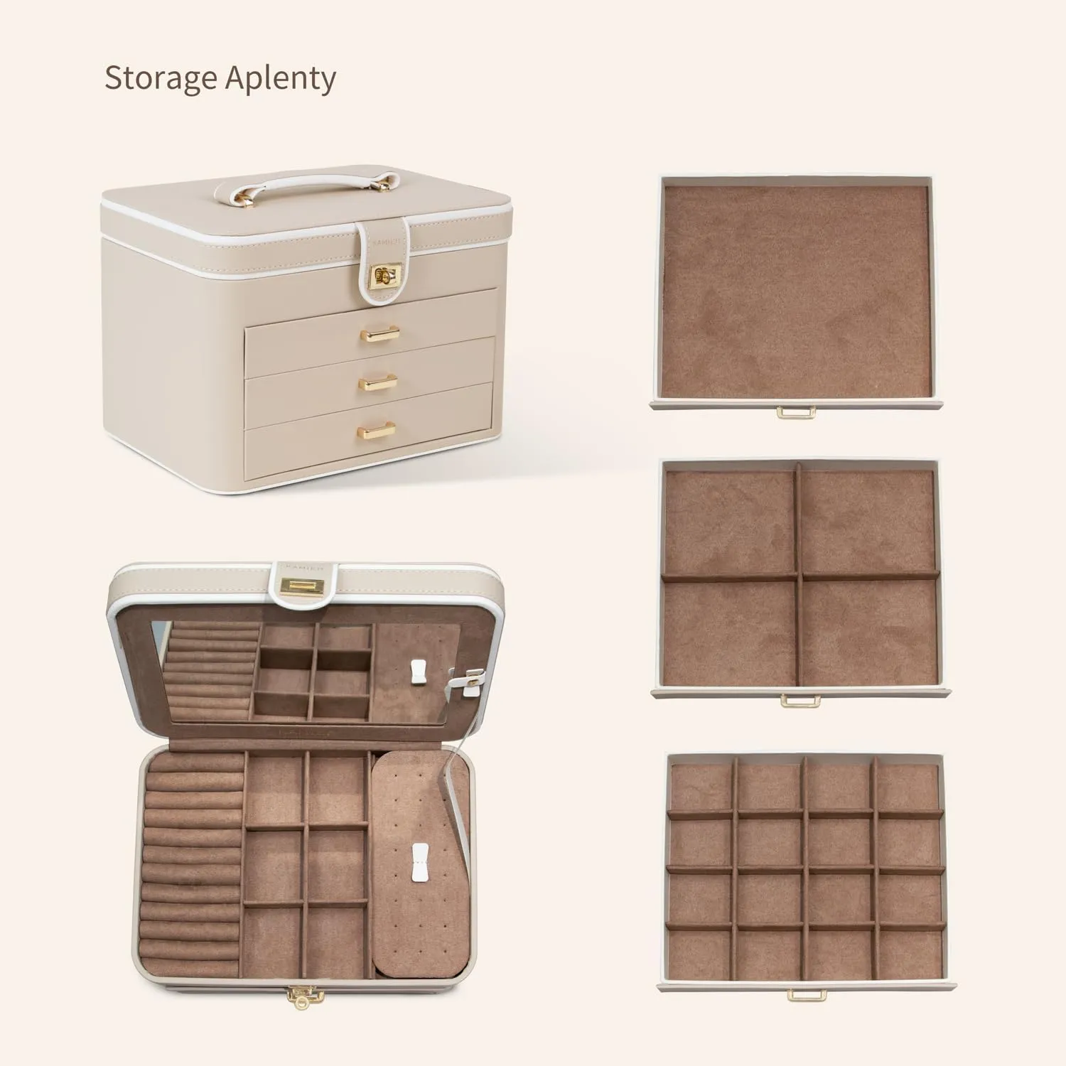 KAMIER Jewelry Organizer Box, 4 Layer Jewelry Organizer with Mirror, 3 Drawers, Large Jewelry Box for Bracelets, Earrings, Rings, Necklaces, Mothers Day Gifts for Loved One, Beige