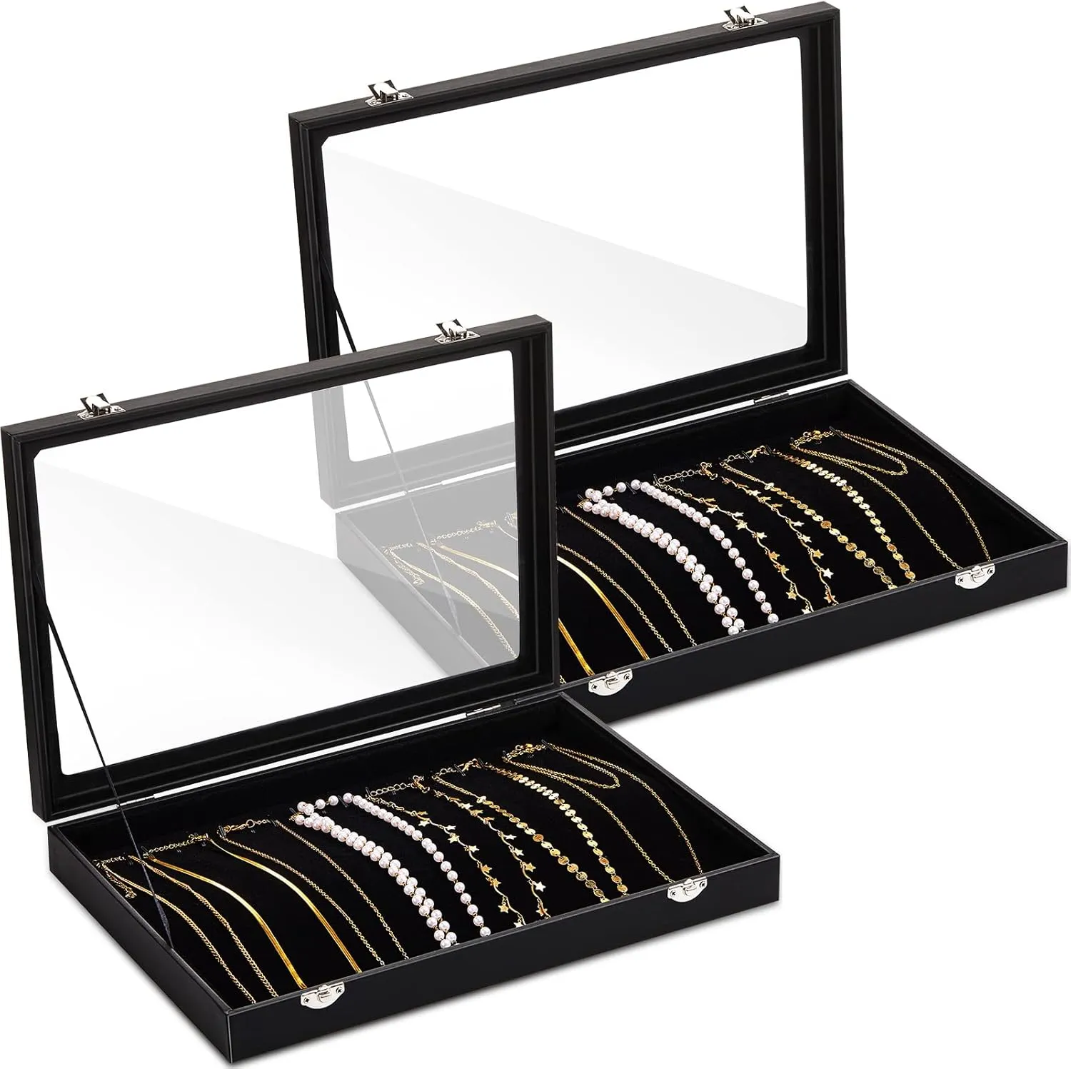 Kenning 2 Pieces Glass Lid Necklace Organizer Box 20 Hooks Necklace Tray Jewelry Holder Organizer Velvet Necklaces Holder Storage Display Case for Show Bracelet