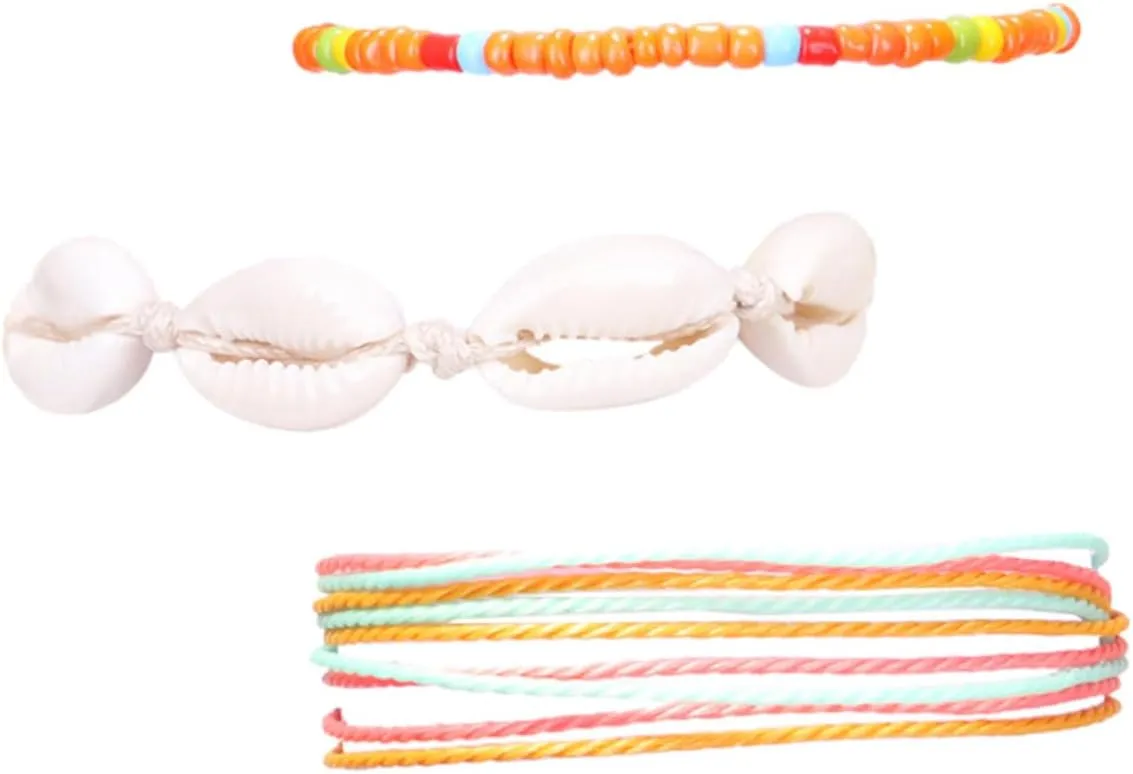 KESYOO 3Pcs Woven Wax Thread Anklet for Women Shell and Bead Ankle Jewelry Summer Beach Fashion Anklets Orange