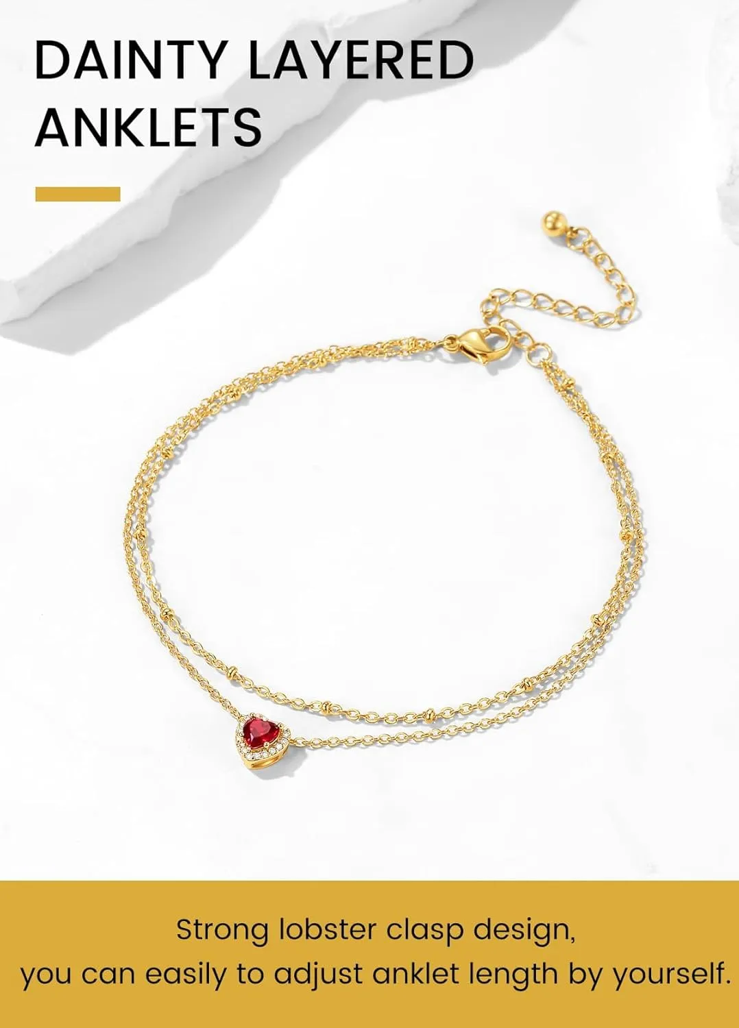 KeyStyle Stainless Steel Anklets for Women with Birthstone - Adjustable Gold Ankle Bracelets for Beach Weddings, Summer Vacations & Pool Parties (8.5" 2" Chain)