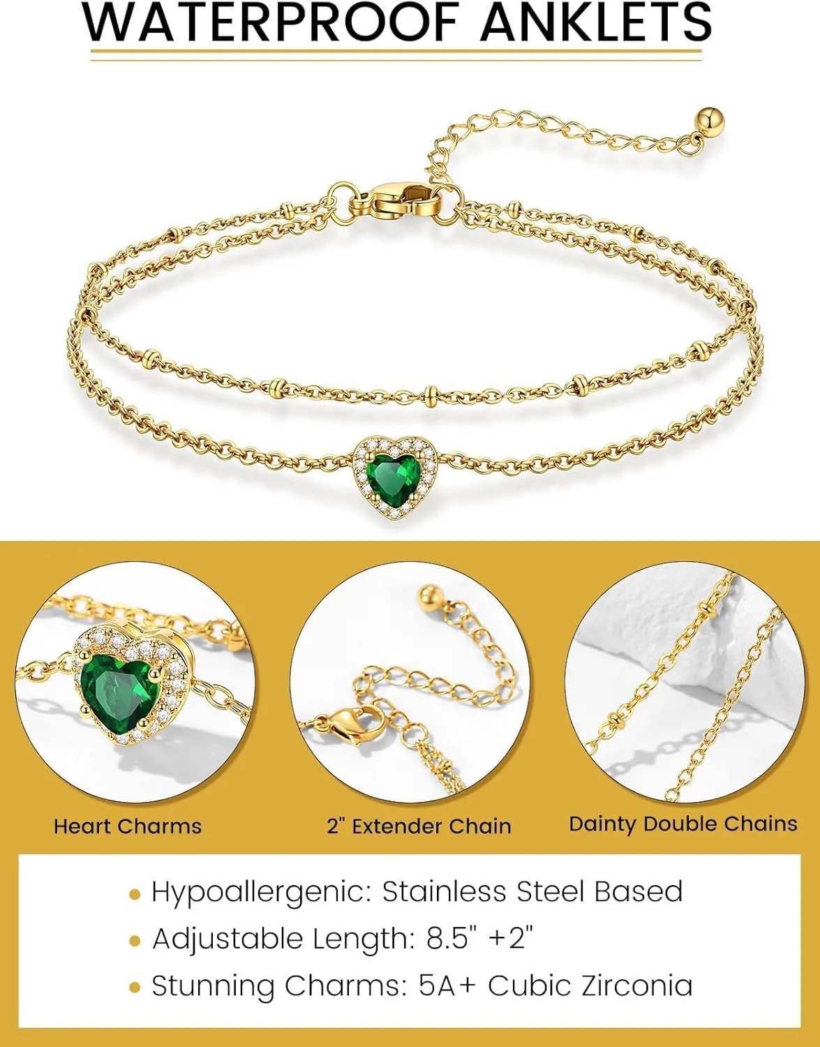 KeyStyle Stainless Steel Anklets for Women with Birthstone - Adjustable Gold Ankle Bracelets for Beach Weddings, Summer Vacations & Pool Parties (8.5" 2" Chain)