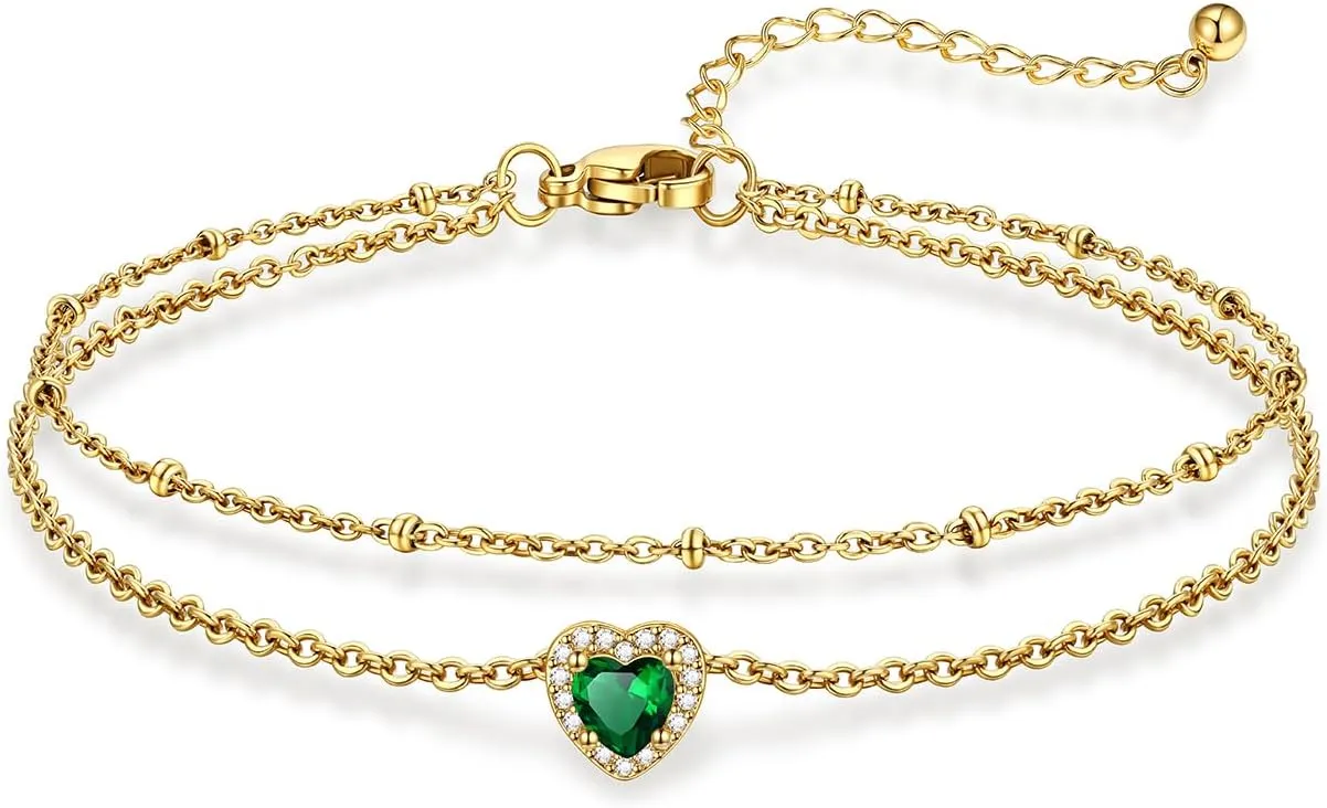 KeyStyle Stainless Steel Anklets for Women with Birthstone - Adjustable Gold Ankle Bracelets for Beach Weddings, Summer Vacations & Pool Parties (8.5" 2" Chain)