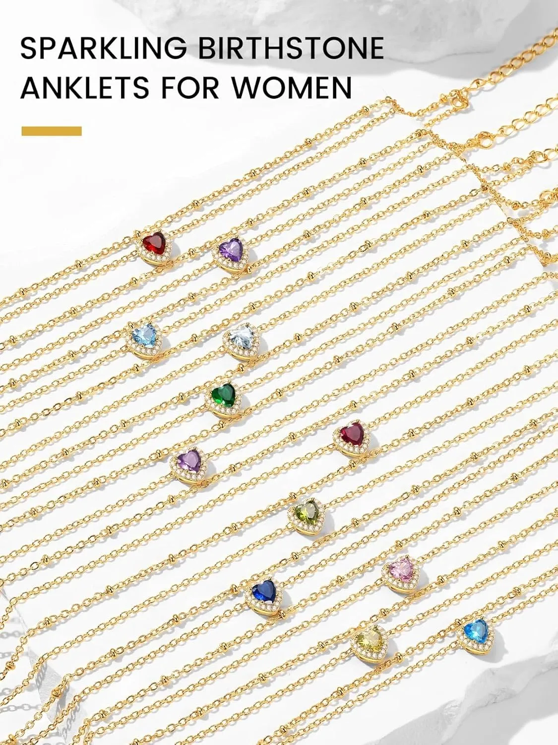 KeyStyle Stainless Steel Anklets for Women with Birthstone - Adjustable Gold Ankle Bracelets for Beach Weddings, Summer Vacations & Pool Parties (8.5" 2" Chain)