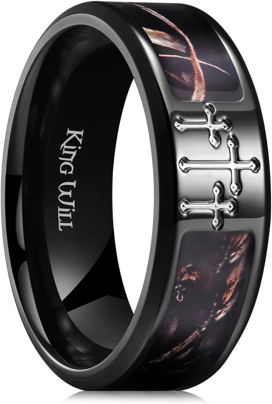 King Will Cross Ring for Men Black/Silver Titanium Wedding Band Brown Camouflage Inlay Ring 8mm Width Comfort Fit Size 7-14Faith Collection