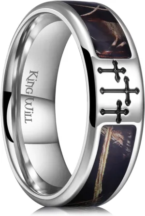 King Will Cross Ring for Men Black/Silver Titanium Wedding Band Brown Camouflage Inlay Ring 8mm Width Comfort Fit Size 7-14Faith Collection
