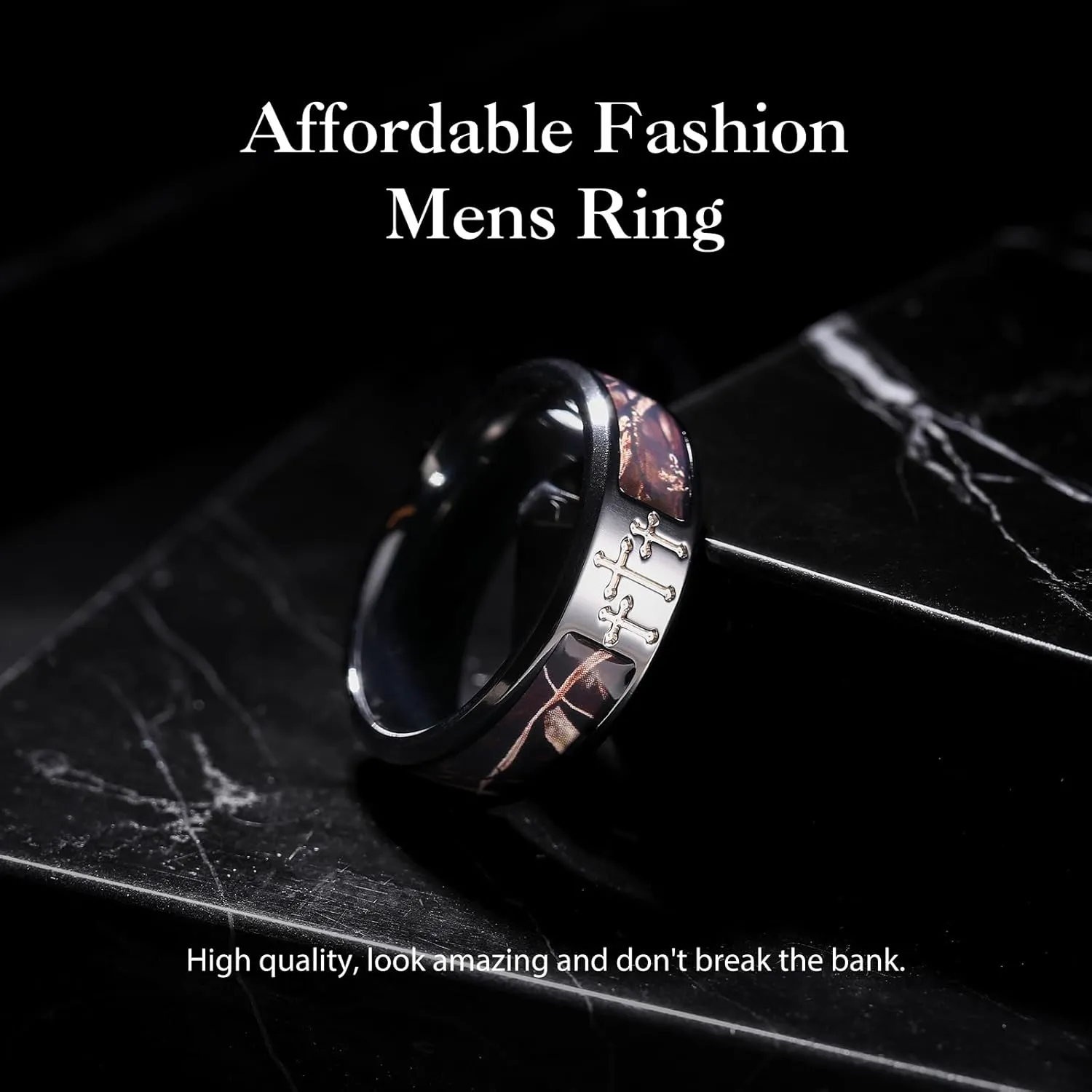 King Will Cross Ring for Men Black/Silver Titanium Wedding Band Brown Camouflage Inlay Ring 8mm Width Comfort Fit Size 7-14Faith Collection