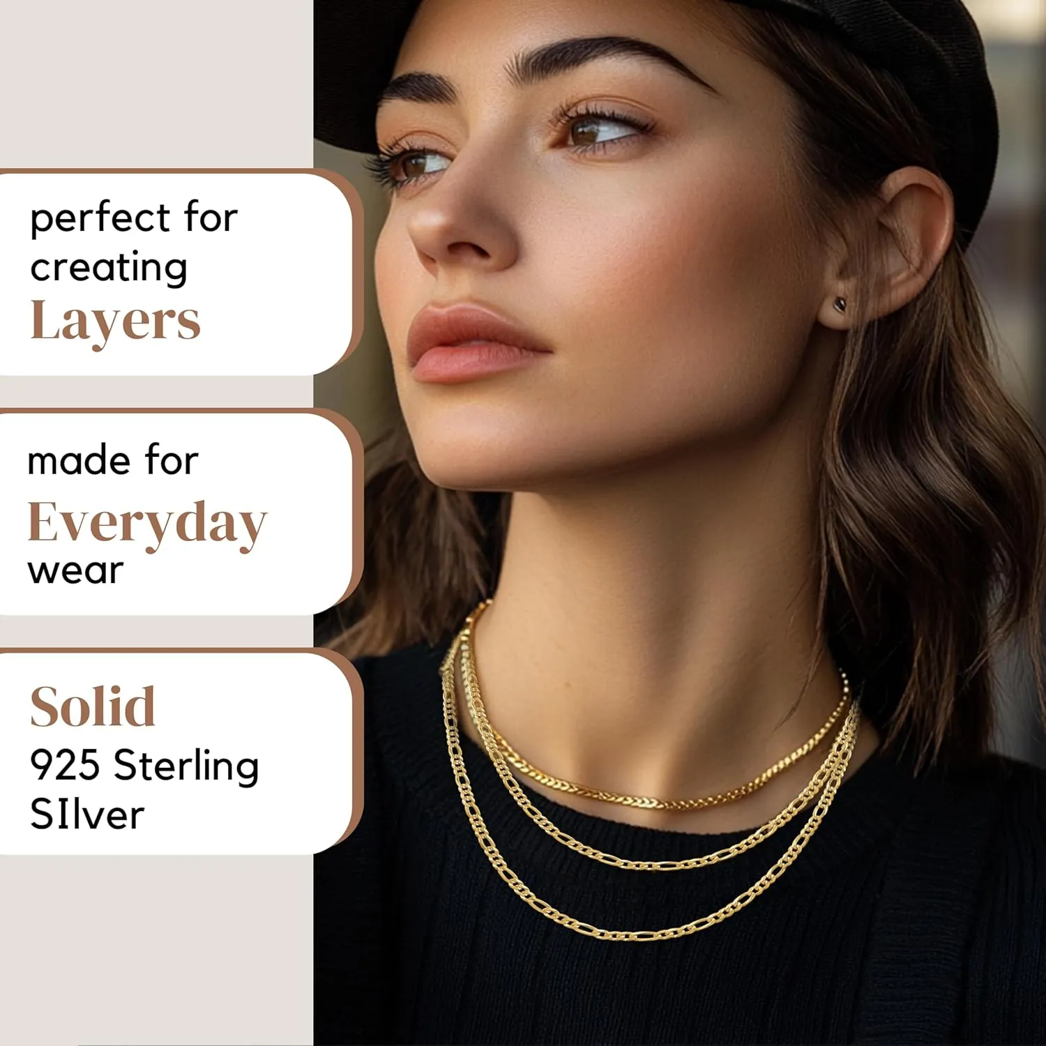 KISPER Solid 925 Sterling Silver 18K Gold Plated Italian 3mm Solid Diamond-Cut Flat Figaro Link Chain Necklace - for Men & Women with Lobster Clasp - Made in Italy