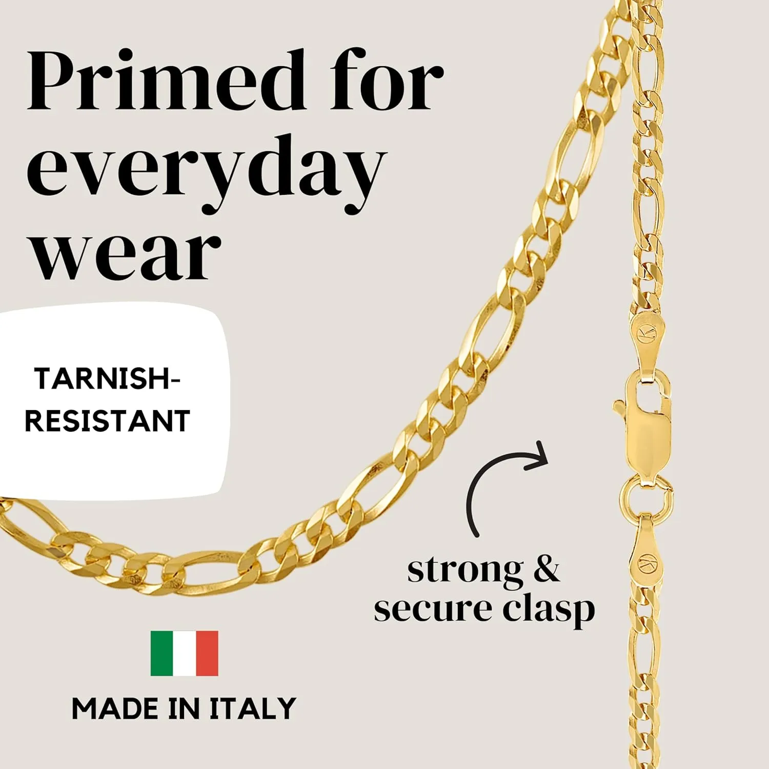 KISPER Solid 925 Sterling Silver 18K Gold Plated Italian 3mm Solid Diamond-Cut Flat Figaro Link Chain Necklace - for Men & Women with Lobster Clasp - Made in Italy