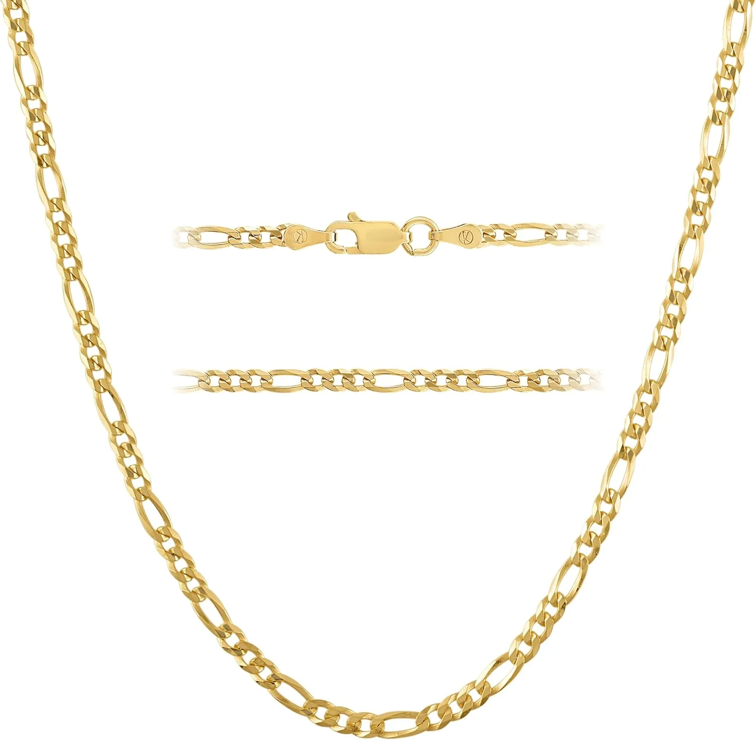 KISPER Solid 925 Sterling Silver 18K Gold Plated Italian 3mm Solid Diamond-Cut Flat Figaro Link Chain Necklace - for Men & Women with Lobster Clasp - Made in Italy