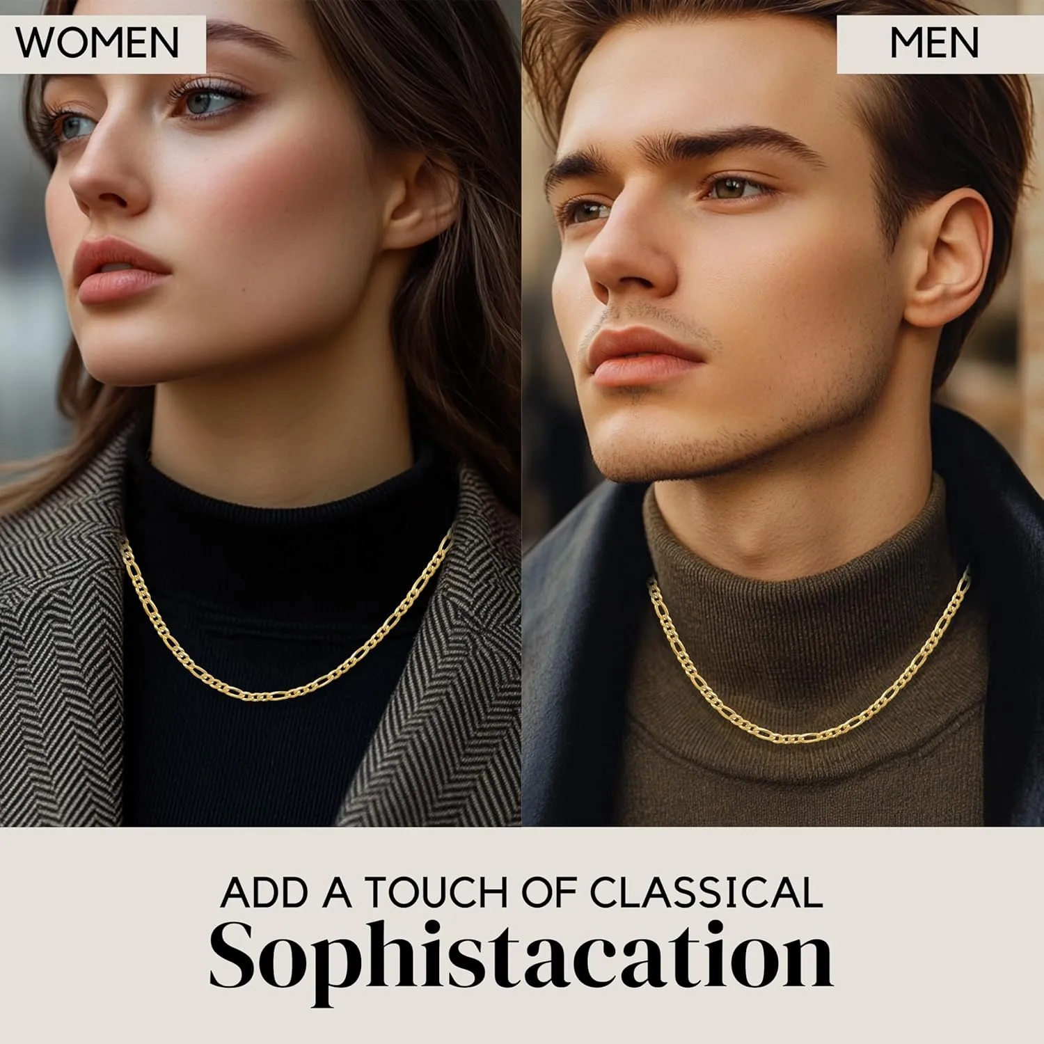 KISPER Solid 925 Sterling Silver 18K Gold Plated Italian 3mm Solid Diamond-Cut Flat Figaro Link Chain Necklace - for Men & Women with Lobster Clasp - Made in Italy