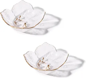 Koythin 2-Piece Glass Jewelry Tray, Adorable Ring Holder for Watch Necklace Bracelet, Small Trinket Trays for Entryway Dresser, Lilies Bathroom Decor with Golden Rim for Mom Girl Women (Transparent)