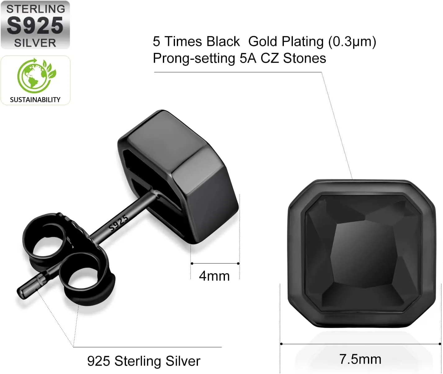 KRKC&CO Men Stud Earrings, Square, 925 Sterling Silver, Iced Out CZ Black, Hypoallergenic, Stylish Hip Hop Look for Men Women,     