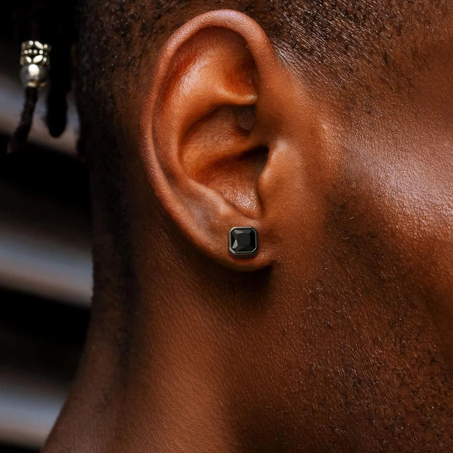 KRKC&CO Men Stud Earrings, Square, 925 Sterling Silver, Iced Out CZ Black, Hypoallergenic, Stylish Hip Hop Look for Men Women,     