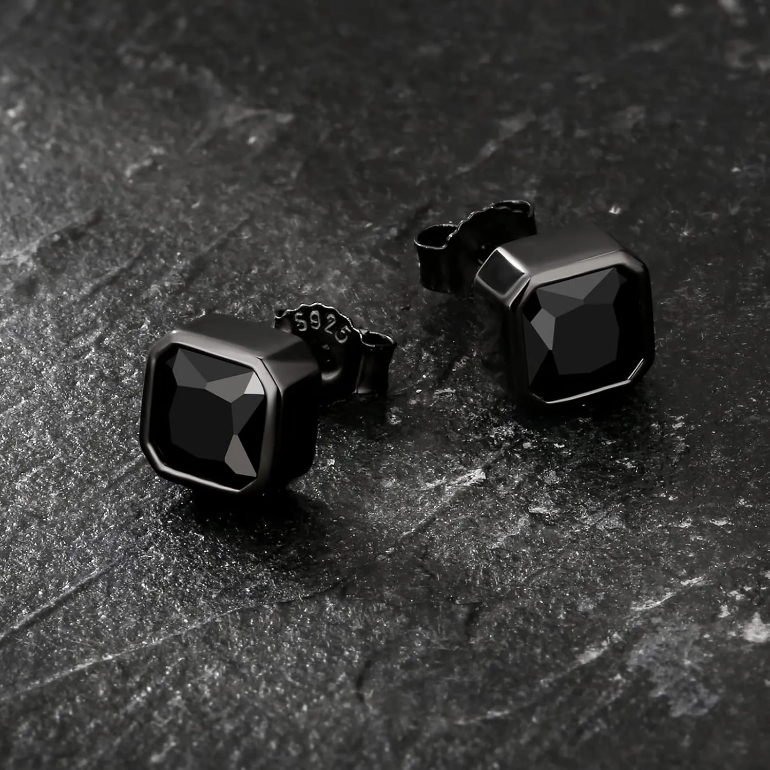 KRKC&CO Men Stud Earrings, Square, 925 Sterling Silver, Iced Out CZ Black, Hypoallergenic, Stylish Hip Hop Look for Men Women,     