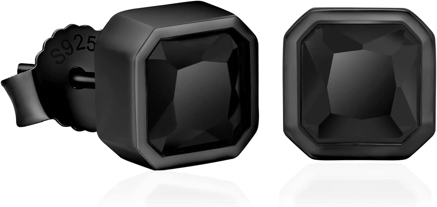 KRKC&CO Men Stud Earrings, Square, 925 Sterling Silver, Iced Out CZ Black, Hypoallergenic, Stylish Hip Hop Look for Men Women,     