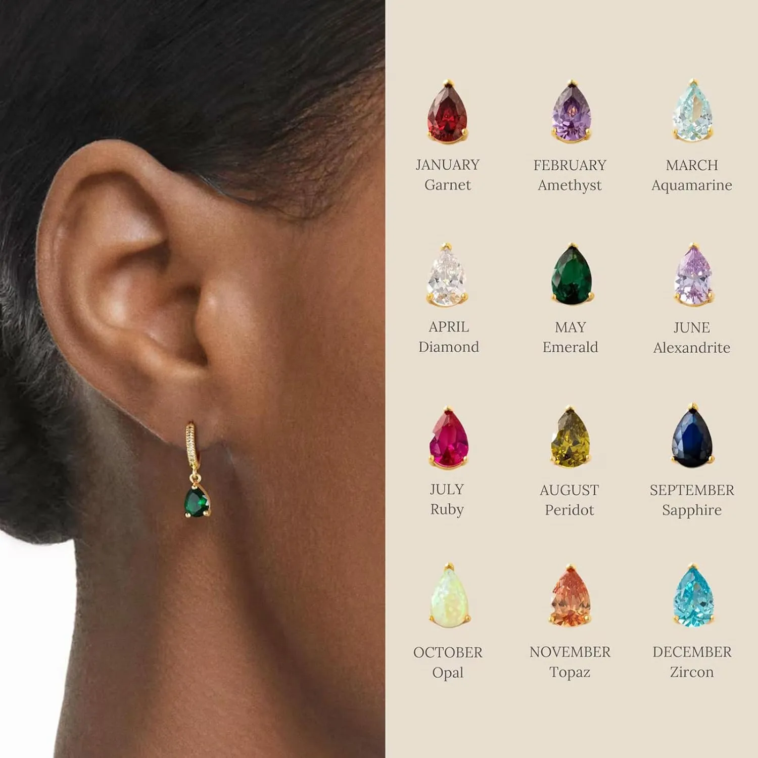Kyerlyn Birthstone Hoop Earrings for Women, Teardrop Birthstone Dangle Earrings Dainty Hoop Huggie Earrings Personalized Crystal Charm Minimalist Jewelry Birthday Gifts