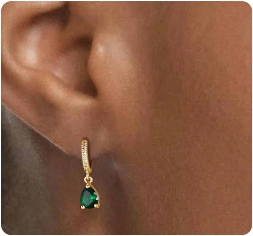 Kyerlyn Birthstone Hoop Earrings for Women, Teardrop Birthstone Dangle Earrings Dainty Hoop Huggie Earrings Personalized Crystal Charm Minimalist Jewelry Birthday Gifts