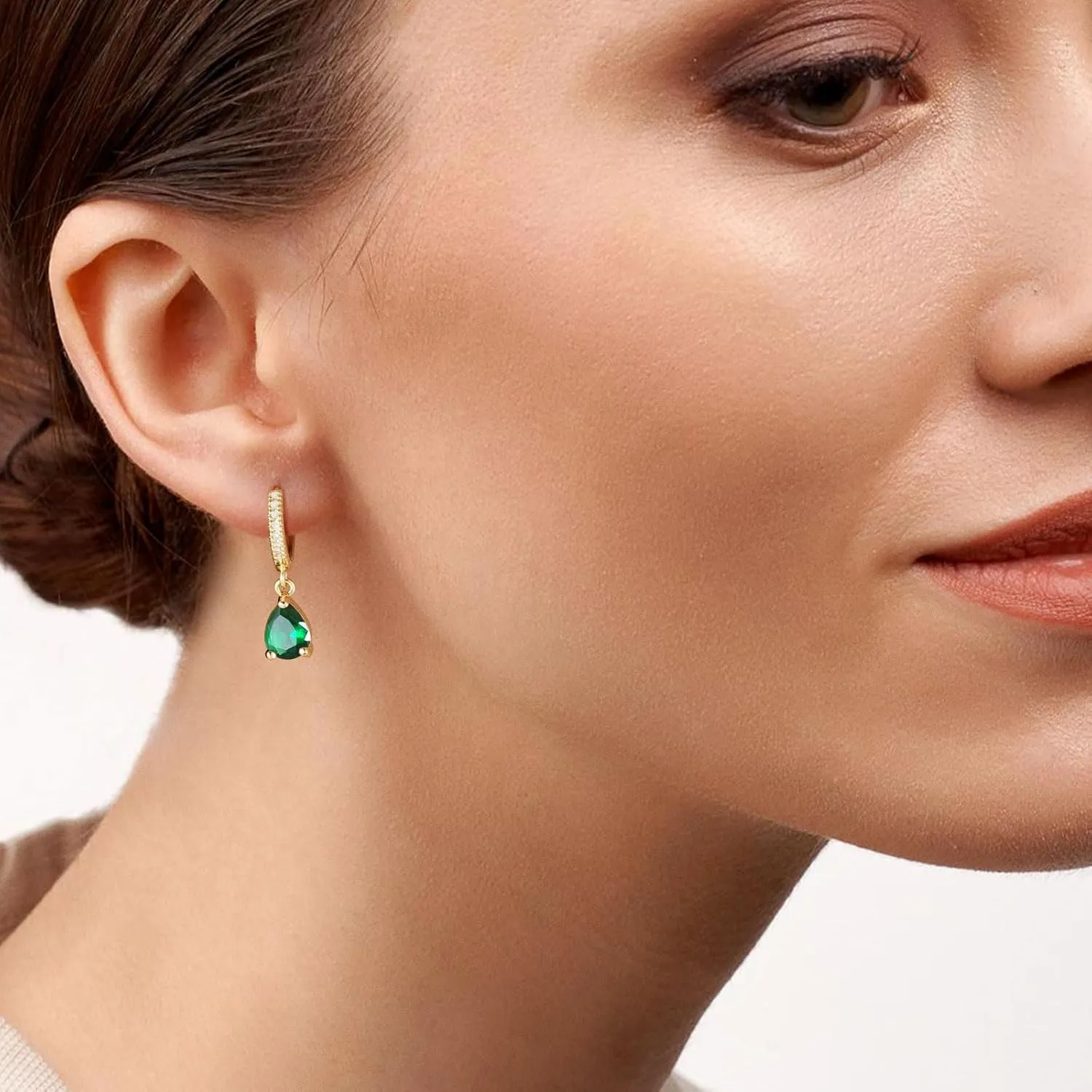 Kyerlyn Birthstone Hoop Earrings for Women, Teardrop Birthstone Dangle Earrings Dainty Hoop Huggie Earrings Personalized Crystal Charm Minimalist Jewelry Birthday Gifts