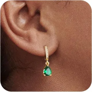 Kyerlyn Birthstone Hoop Earrings for Women, Teardrop Birthstone Dangle Earrings Dainty Hoop Huggie Earrings Personalized Crystal Charm Minimalist Jewelry Birthday Gifts