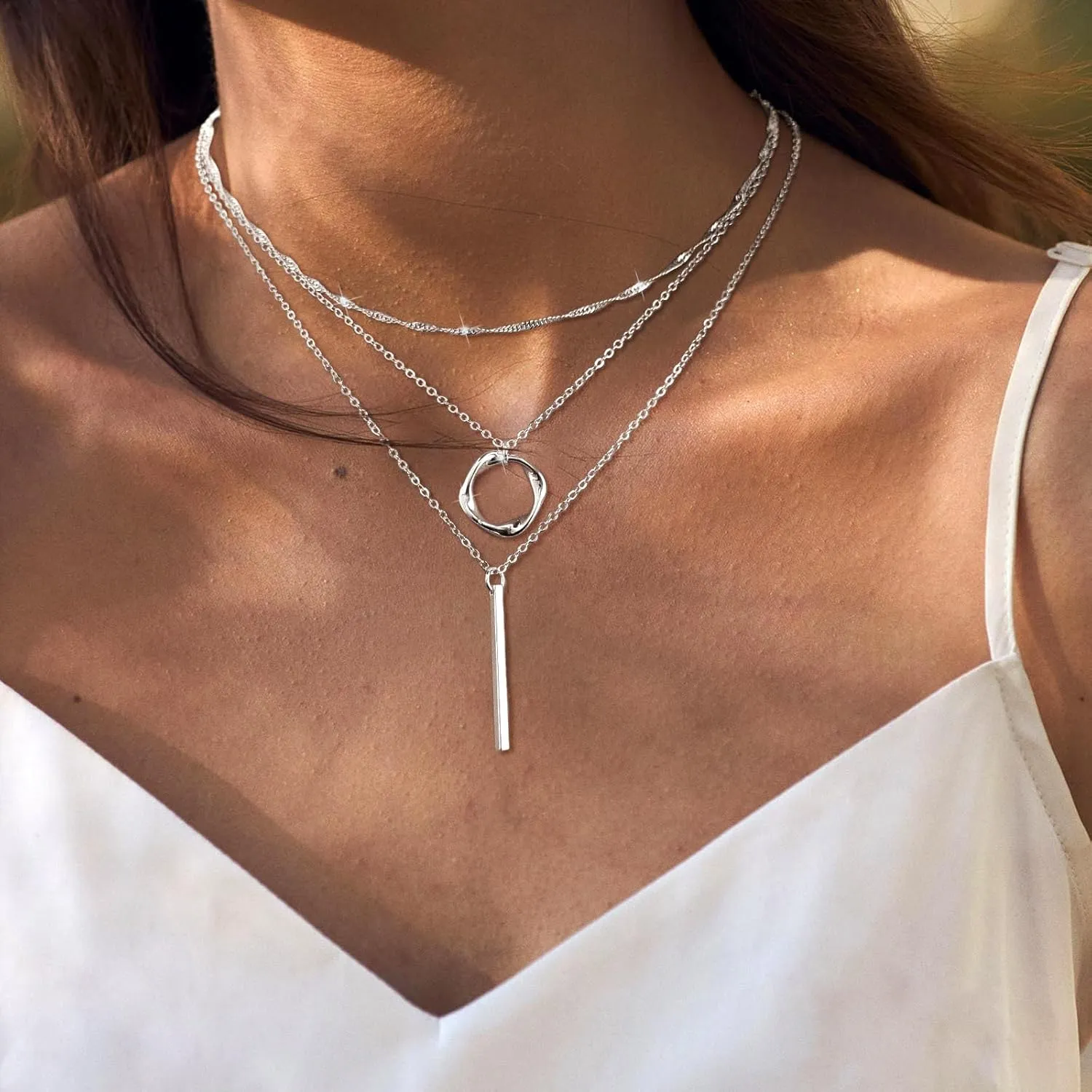 Kyerlyn Layered Necklaces for Women, 14K Gold Plated Necklace Sterling Silver Necklace Stack Circle Pendant Necklace Trendy Long Chain Stackable Silver Necklace Set Dainty Gold Stacked Jewelry Gifts