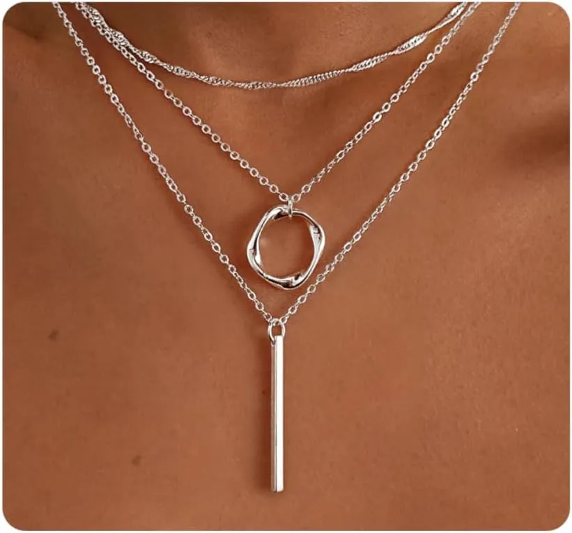 Kyerlyn Layered Necklaces for Women, 14K Gold Plated Necklace Sterling Silver Necklace Stack Circle Pendant Necklace Trendy Long Chain Stackable Silver Necklace Set Dainty Gold Stacked Jewelry Gifts