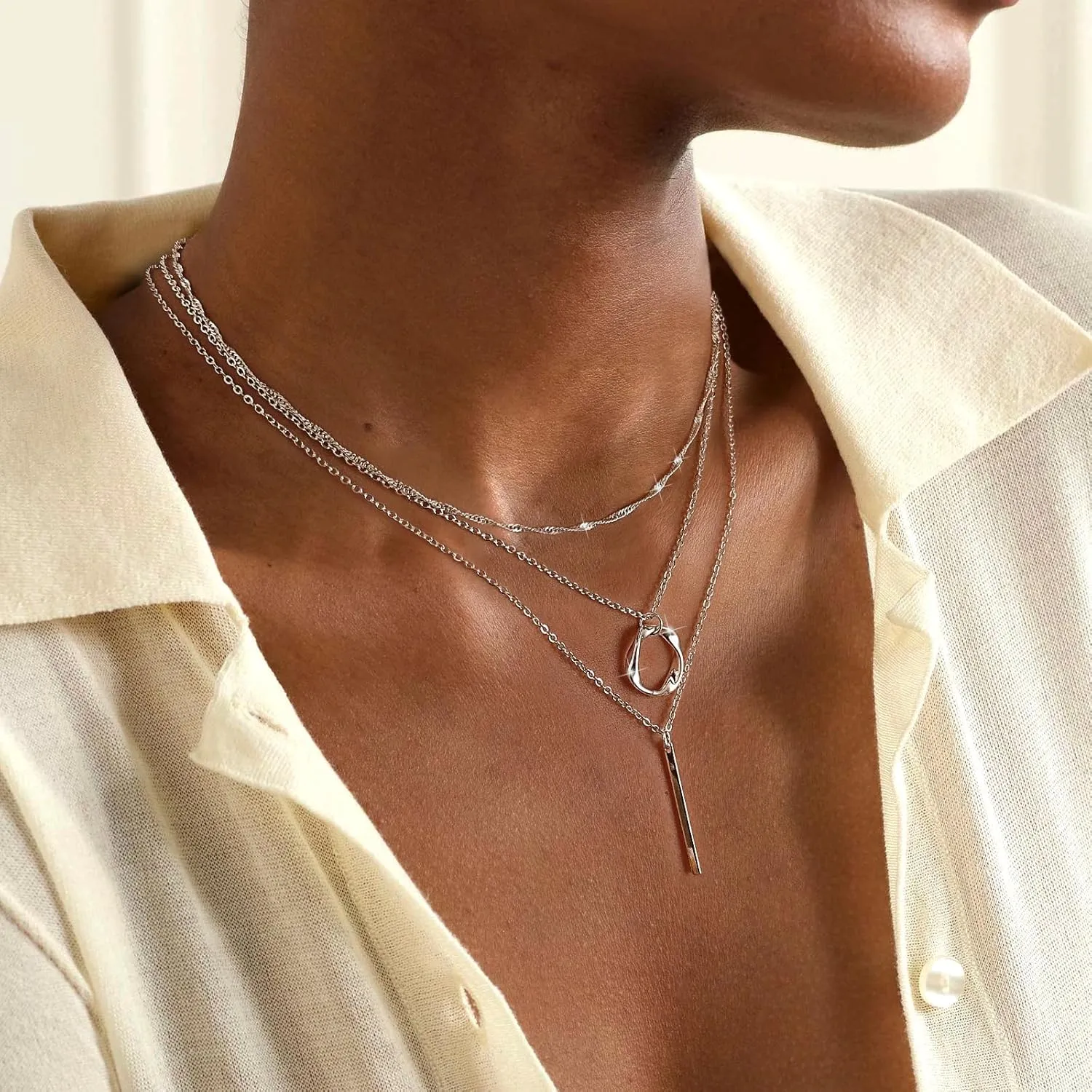 Kyerlyn Layered Necklaces for Women, 14K Gold Plated Necklace Sterling Silver Necklace Stack Circle Pendant Necklace Trendy Long Chain Stackable Silver Necklace Set Dainty Gold Stacked Jewelry Gifts