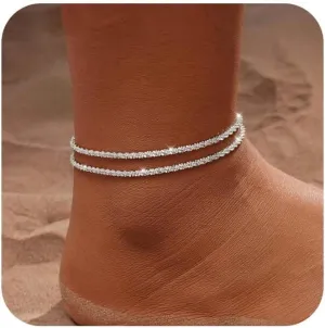 Kyerlyn Silver Ankle Bracelets for Women non tarnish,Waterproof Anklets Link Beaded Set Layered Anklet Fashion for Women Gold Jewelry Gift