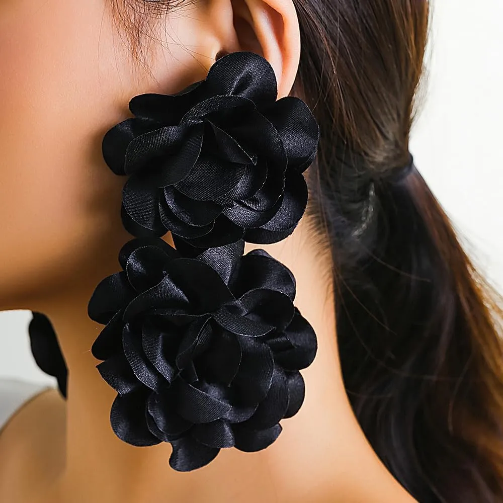 Large Red Flower Earrings for Women Exaggerated Flower Drop Dangle Earrings Fabric Floral Statement Earrings Trendy Party Wedding Jewelry Accessory
