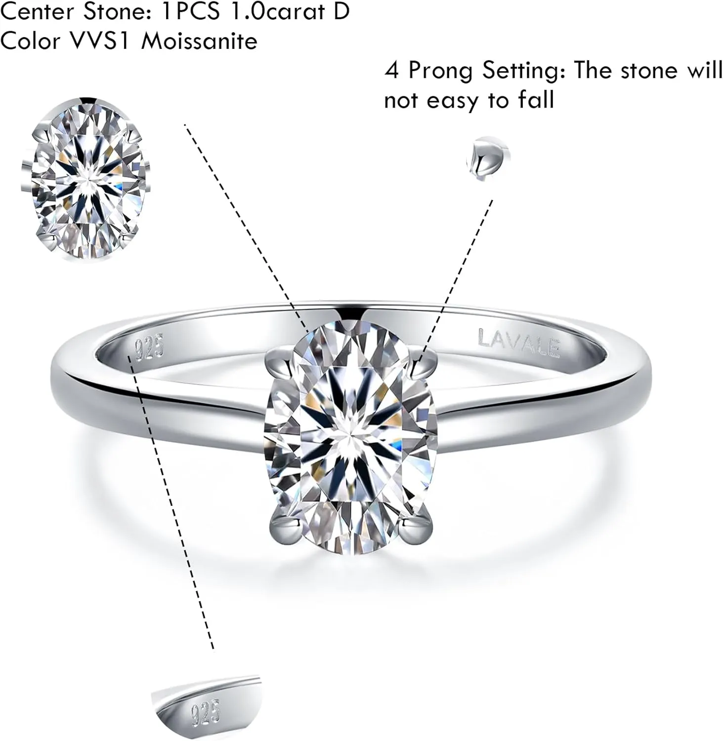 LAVALE Moissanite Rings for Women, 1/1.5/2 CT Oval Cut Moissanite Solitaire Engagement Rings Platinum Gold Plated Sterling Silver Half Eternity Promise Wedding Bands for Her