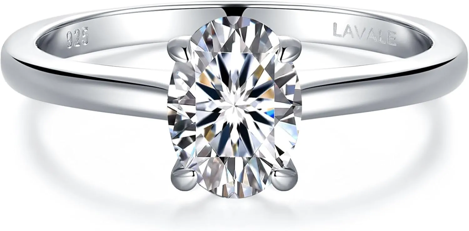 LAVALE Moissanite Rings for Women, 1/1.5/2 CT Oval Cut Moissanite Solitaire Engagement Rings Platinum Gold Plated Sterling Silver Half Eternity Promise Wedding Bands for Her