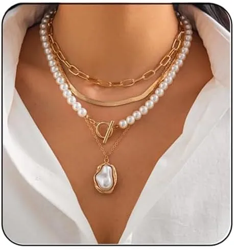 Layered Pearl Necklaces for Women,Vintage Chunky Gold Choker 14K Gold Plated Snake Bone Chain Necklace Baroque Pearl Paperclip Chain OT Buckle Clavicle Necklace Jewelry