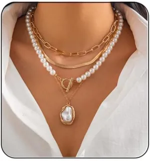 Layered Pearl Necklaces for Women,Vintage Chunky Gold Choker 14K Gold Plated Snake Bone Chain Necklace Baroque Pearl Paperclip Chain OT Buckle Clavicle Necklace Jewelry