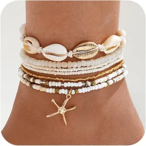 Layered Seashell Anklets for Women Trendy Sea Turtle Starfish Beads Anklets Cowrie Conch Shell Ankle Bracelets Summer Beach Surfer Foot Jewelry Accessories