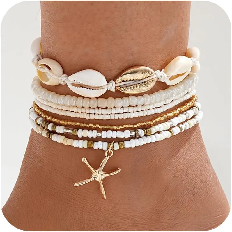 Layered Seashell Anklets for Women Trendy Sea Turtle Starfish Beads Anklets Cowrie Conch Shell Ankle Bracelets Summer Beach Surfer Foot Jewelry Accessories