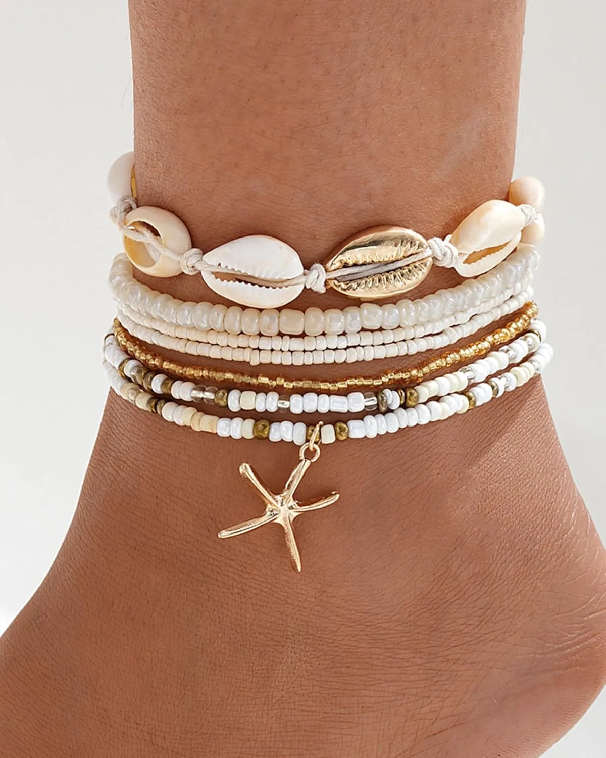 Layered Seashell Anklets for Women Trendy Sea Turtle Starfish Beads Anklets Cowrie Conch Shell Ankle Bracelets Summer Beach Surfer Foot Jewelry Accessories