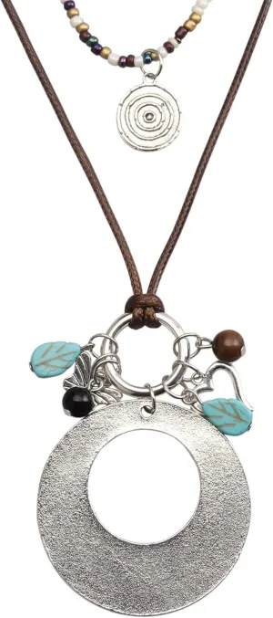 Leather Necklace for Women Boho Choker Necklace Long Cord Leather Pendant Bohemian Neckalce Vintage Alloy Pendant Leather Rope Necklace Wooden Necklaces for Women