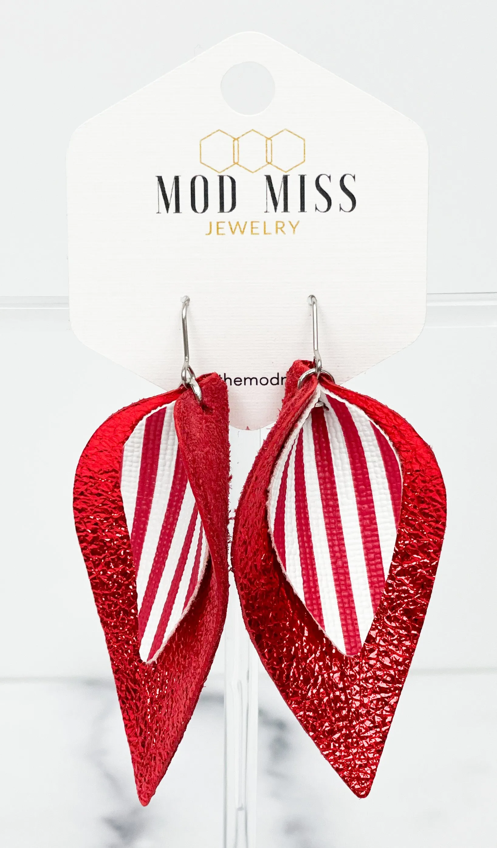 Leather Stacked Petal Earring "Stripes Red & White (Thin Stripes Vertical)   Metallic Red"