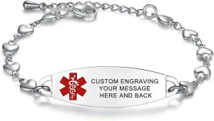 LinnaLove Heart Medical alert bracelet for Women Fashion Medical ID bracelets with Free engraving