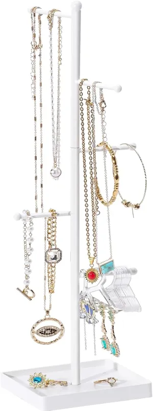 Lolalet Jewelry Organizer Storage Jewelry Holder Stand with 10 Earring Hanger Rack, 6 Tiers Necklace Holder Tree with Bottom Tray for Women Girls Necklaces Earrings Bracelets Rings -White