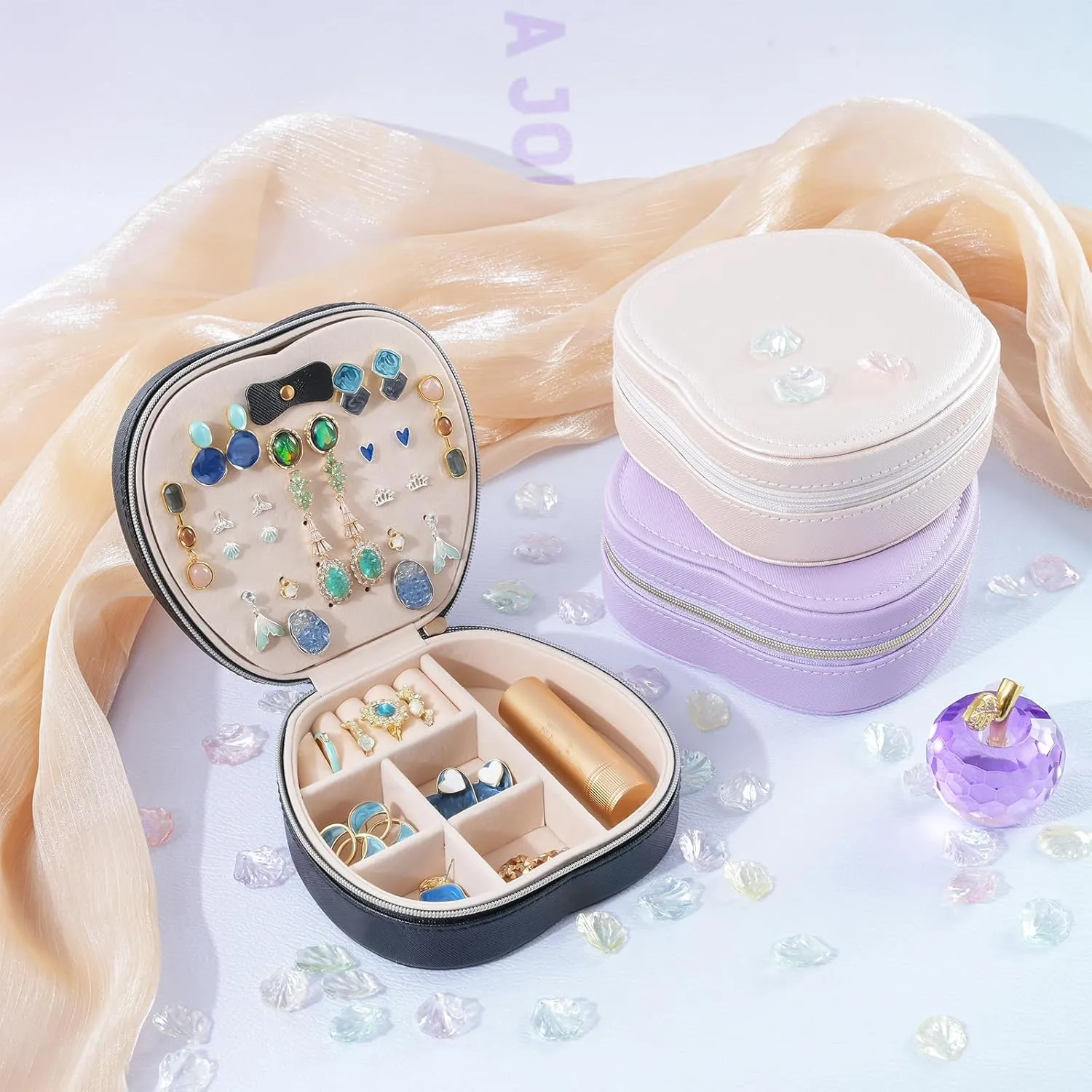 Lolalet Small Jewelry Box, Apple-Shaped Travel Jewelry Organizer for Earrings, Bracelets, Necklaces and Rings, Compact Jewelry Storage Case for Women Girls -Purple