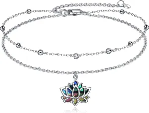 Lotus Flower Anklet S925 Sterling Silver Abalone Anklets for Women Lotus Layered Anklet Graduation Gifts Lotus Jewelry Gift for Wife Girlfriend Friends