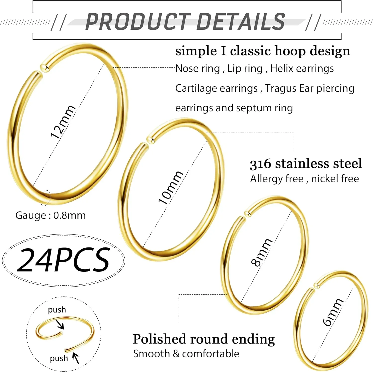 LOYALLOOK 18/24Pcs Hypoallergenic Nose Rings Hoops 316L Surgical Stainless Steel Lightweight Small Piercing Jewelry for Women Men Cartilage Tragus Helix