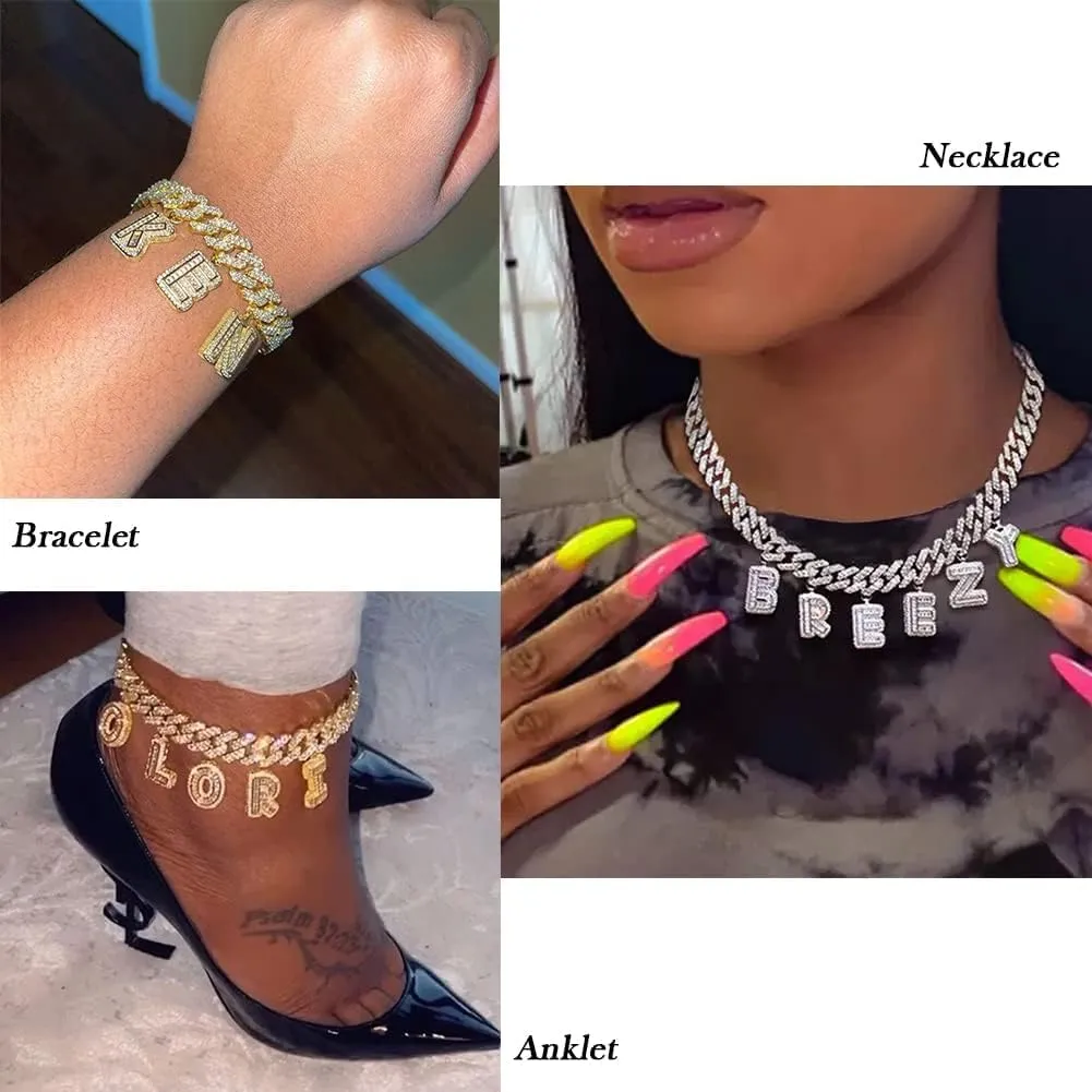 Lulu Mel Iced Out Custom Name Necklace with 12mm Cuban Link Chain Initial Letters Bracelet Anklets Choker Hip Hop Customized Name Necklace Personalized Jewelry For Valentine Gift