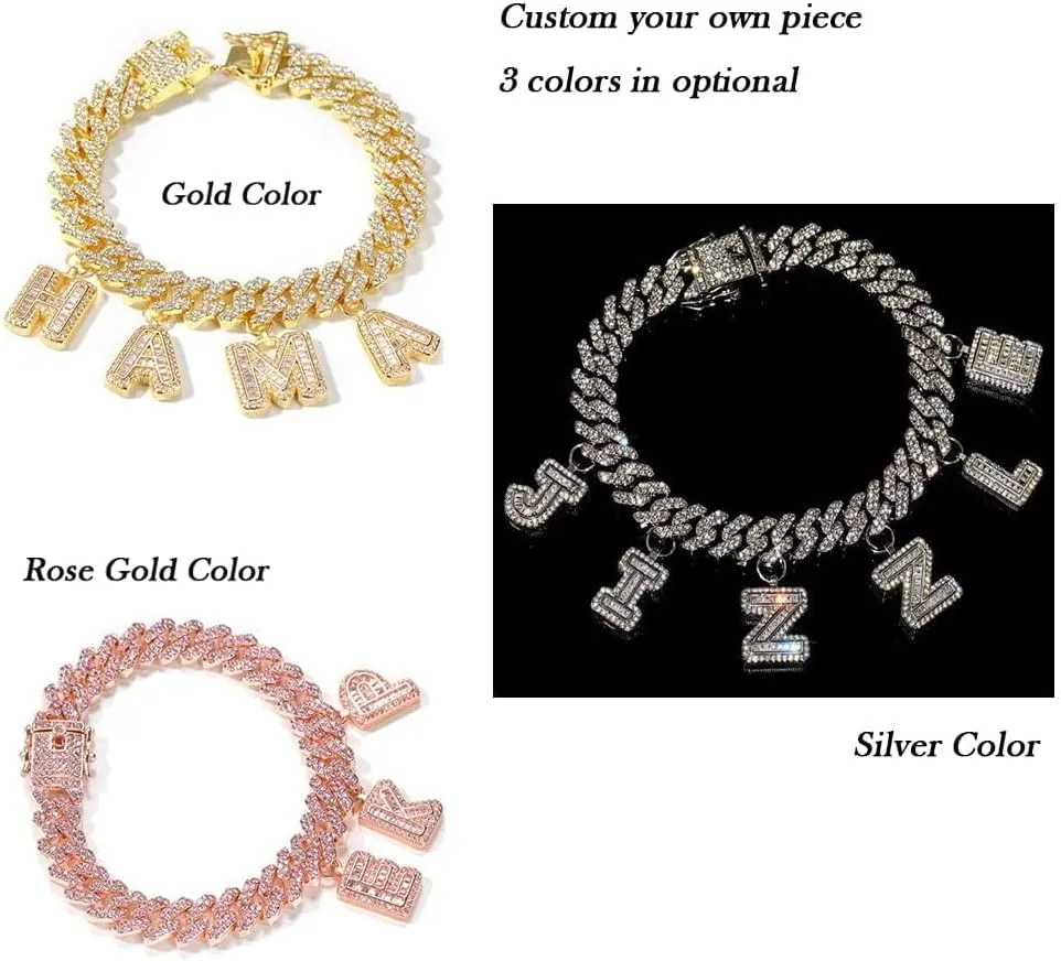 Lulu Mel Iced Out Custom Name Necklace with 12mm Cuban Link Chain Initial Letters Bracelet Anklets Choker Hip Hop Customized Name Necklace Personalized Jewelry For Valentine Gift