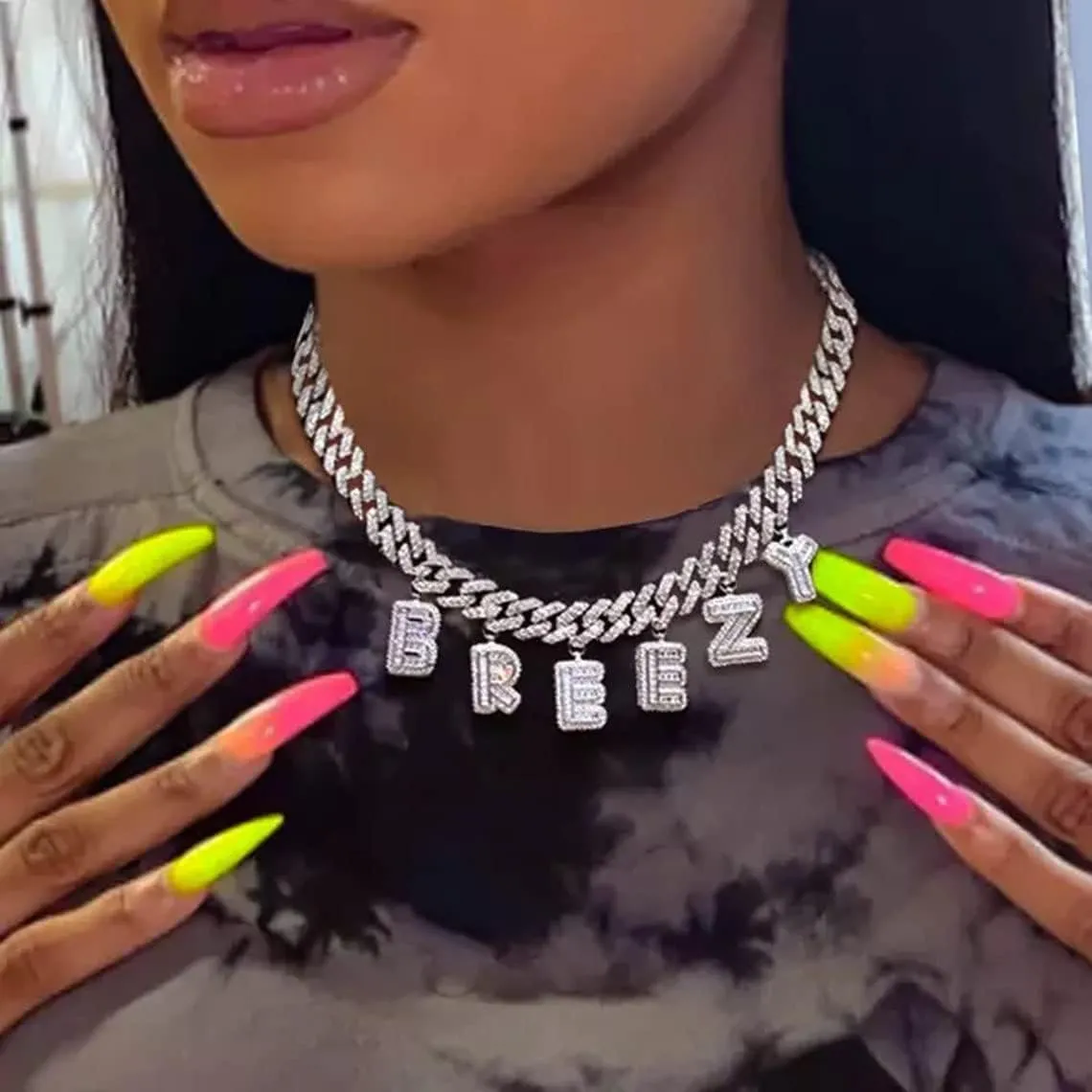 Lulu Mel Iced Out Custom Name Necklace with 12mm Cuban Link Chain Initial Letters Bracelet Anklets Choker Hip Hop Customized Name Necklace Personalized Jewelry For Valentine Gift