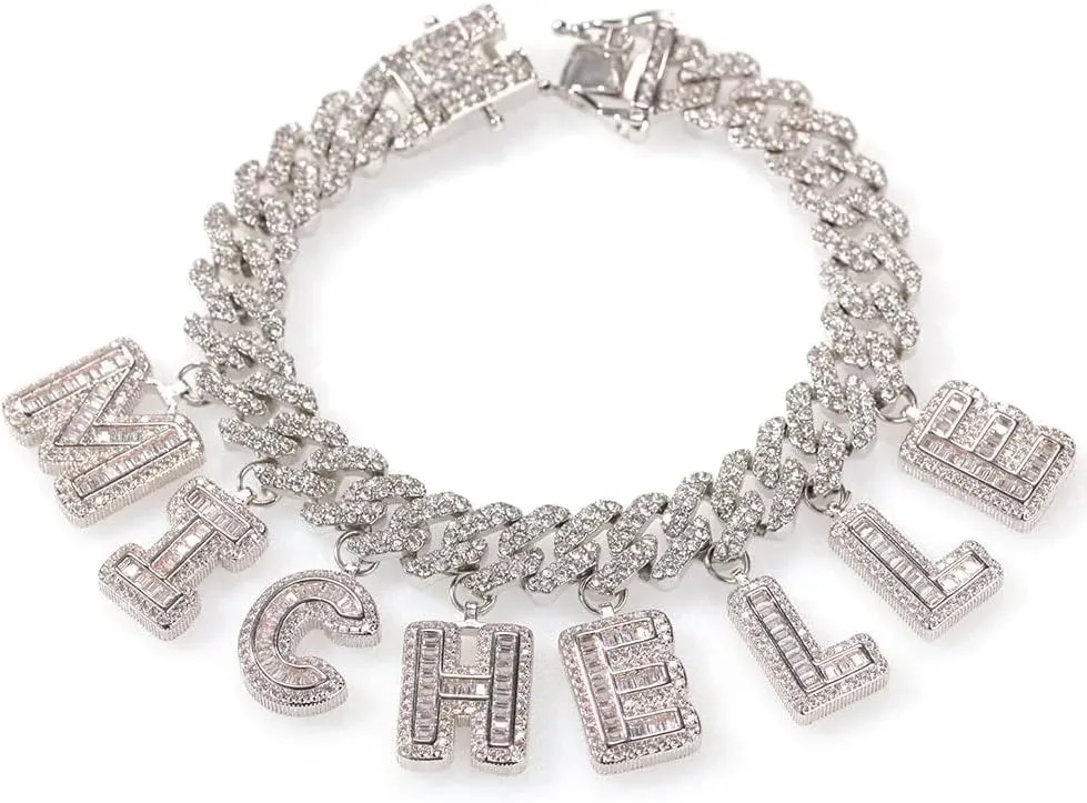 Lulu Mel Iced Out Custom Name Necklace with 12mm Cuban Link Chain Initial Letters Bracelet Anklets Choker Hip Hop Customized Name Necklace Personalized Jewelry For Valentine Gift