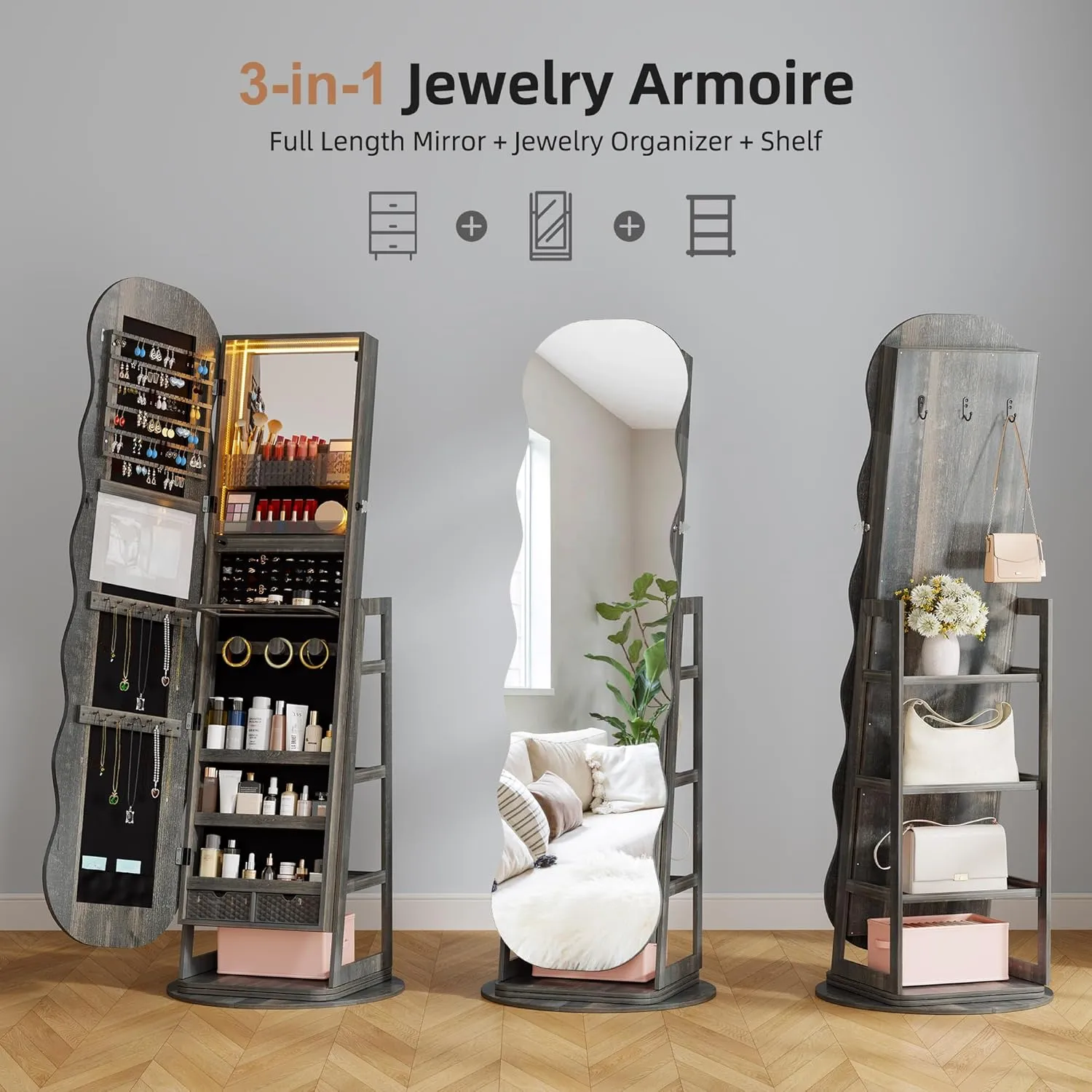 Lvifur 360 Swivel Jewelry Cabinet with Lights,LED Jewelry Organizer with Full Length Mirror, Lockable Wavy Mirror Jewelry Cabinet Standing with Rear Storage Shelves,Makeup Tray,Rustic Brown